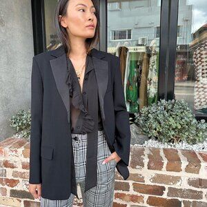 LOFT Classic Black Satin Trim Tuxedo Blazer Single Button Fully Lined Size 12